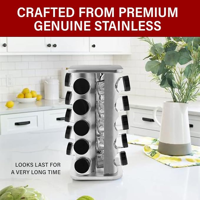 Orii 20 Jar Rotating Stainless Steel Spice Rack - No Spices - Black Lids