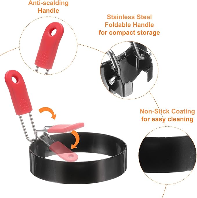 HARFINGTON 4Pcs Egg Rings 3.5" Stainless Steel Nonstick Pancake Cooking Ring with Silicone Handle for Griddle Frying Eggs Sandwich Omelets Breakfast