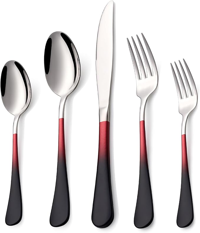 20 Piece Black Red and Silver 18/0 Flatware Utensil Set for 4, Include Dinner Knife,Dinner Forks,Dinner Spoons,Salad Forks,Teaspoons,Silverware Set for 4, Dishwasher Safe