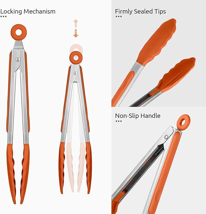 600ºF Heat Resistant Kitchen Tongs: U-Taste 9 inch Silicone Cooking Tong with Firm Sealed Non Stick Rubber Tips & Silicon Coated 18/8 Stainless Steel Handle & Smooth Locking for Serving Grill (Orange)