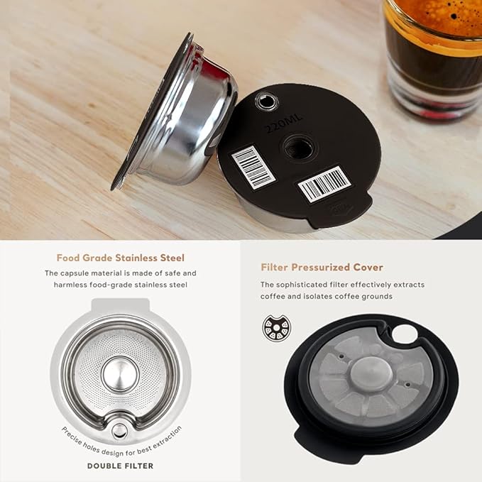 Stainless Steel Reusable Tassimo Pods with 4 Black Silicone Lid 60/180/200/220ml RefillableTassimo Coffee Pads wtih Tamper Compatible for Bosch Tassimo Machine