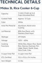 Midea Micom Rice Cooker, Digital Multi-Functional Ricer Cooker/Steamer, Brown Rice, Slow Cooker (3L/5.5Cup) (White)