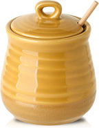 Hasense Ceramic Honey Pot With Lid, 12 Ounce Honey Jar and Wooden Dipper, Cute HoneyDish for Home Kitchen Coffee Bar Decor, Dishwasher Safe, Yellow