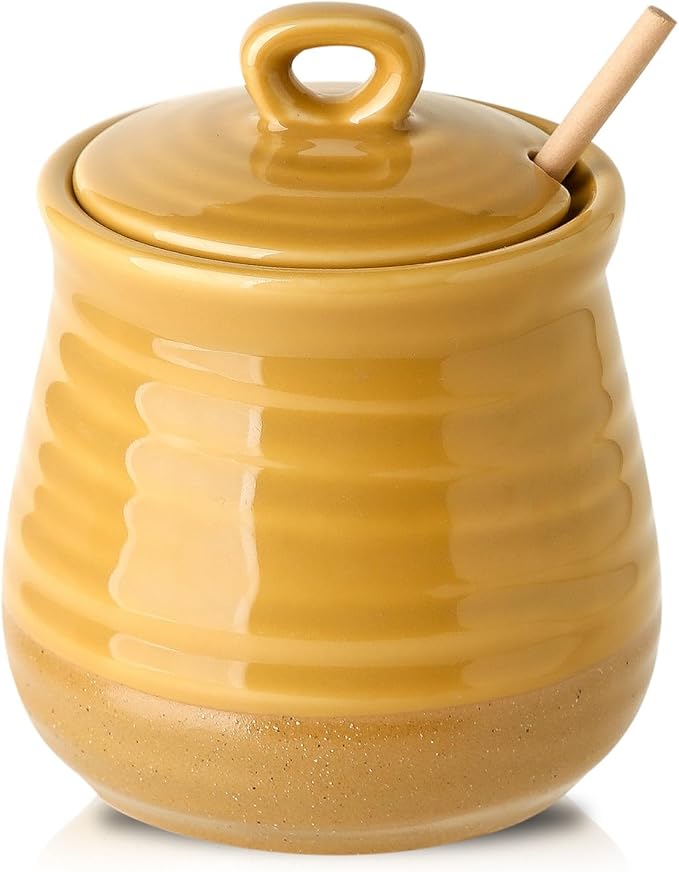 Hasense Ceramic Honey Pot With Lid, 12 Ounce Honey Jar and Wooden Dipper, Cute HoneyDish for Home Kitchen Coffee Bar Decor, Dishwasher Safe, Yellow