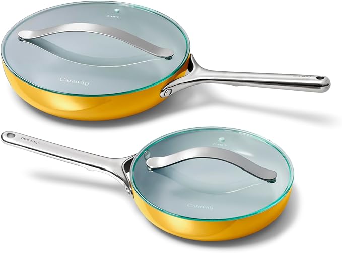 Caraway Ceramic Fry Pan Duo with Glass Lids - Non-Stick Frying Pans (10.5” & 8”) - Non Toxic, PTFE & PFOA Free - Oven Safe & Compatible with All Stovetops – Marigold