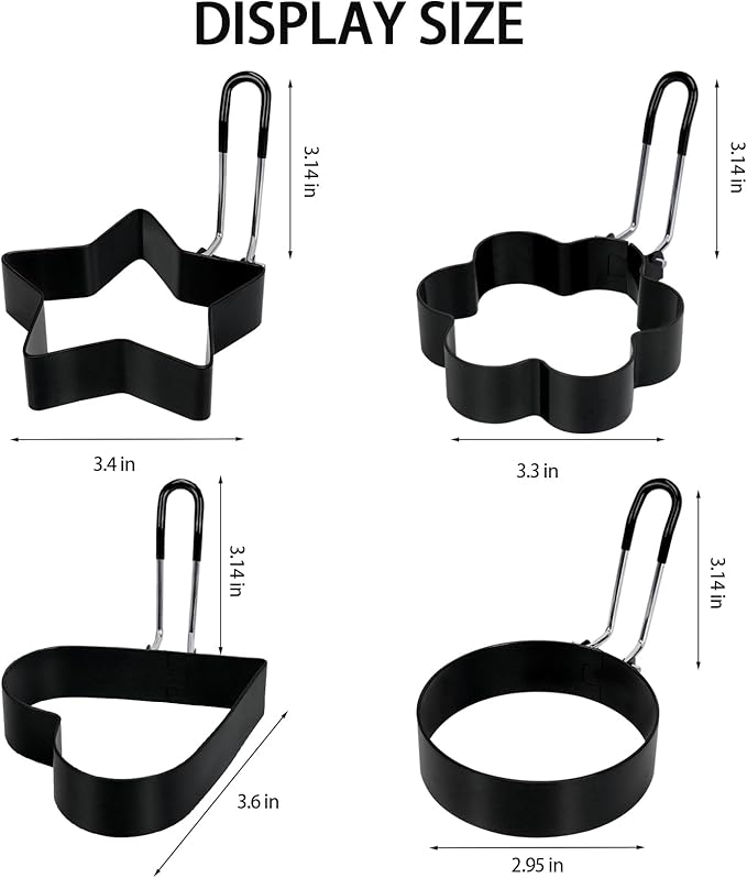 6 Pack Eggs Rings, Stainless Steel Egg Cooking Rings, Round Pancake Mold for Frying Eggs, Omelet and Muffins, Non-stick Fried Egg Mold Ring with Oil Brush and Slotted Spatula, 4 Shapes