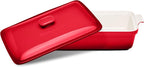 Stoneware Casserole Dish Bakeware Set with Lid, Covered Rectangular Dinnerware, Large 3.2 Quart, 11 by 9 Inch [Deep Red]