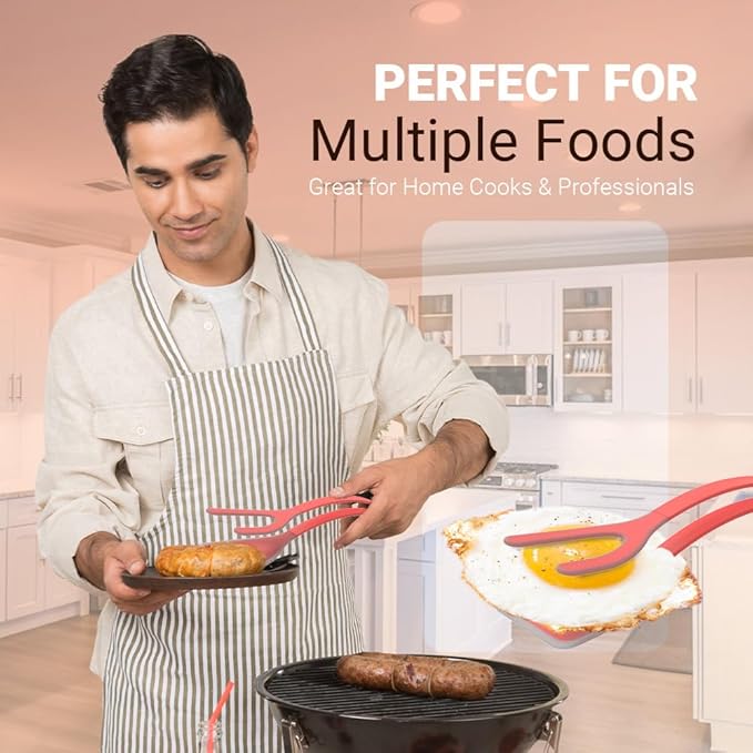 Silicone Egg Flipper Spatula Tongs (Set of 1) – Non-Stick 2-in-1 Grip & Flip Kitchen Tongs for Pancakes, Fish, Eggs, and More – Heat Resistant Cooking Tool (Black) (Red)