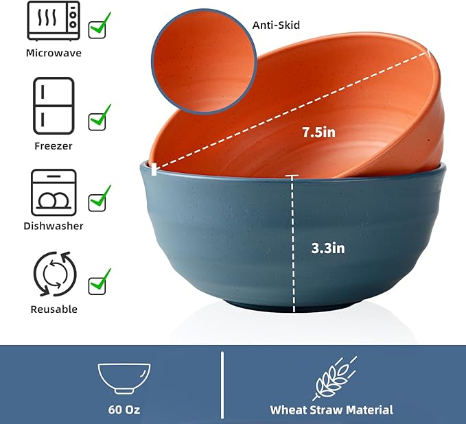 Wheat Straw Bowls Set of 6/12, Unbreakable Lightweight Bowls Set - Microwave & Dishwasher Safe, Reusable for Serving Soup, Oatmeal, Ramen & Salad (6, 60 oz)