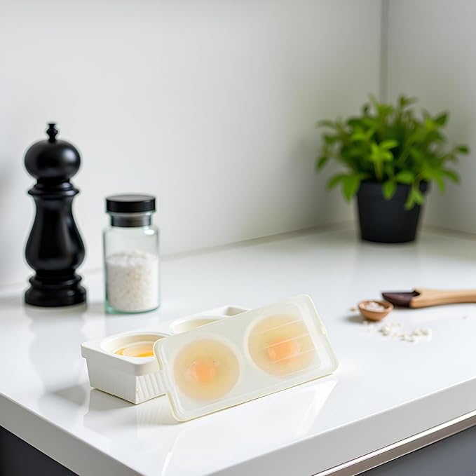 1Pc White 2 Slots Microwave Oven Egg Steamer Poacher Cooker, Rectangular,Poach Eggs, Boil Eggs, Cook Eggs, Steam Eggs Egg Poachers Specialty Cookware (2 Eggs Capacity)