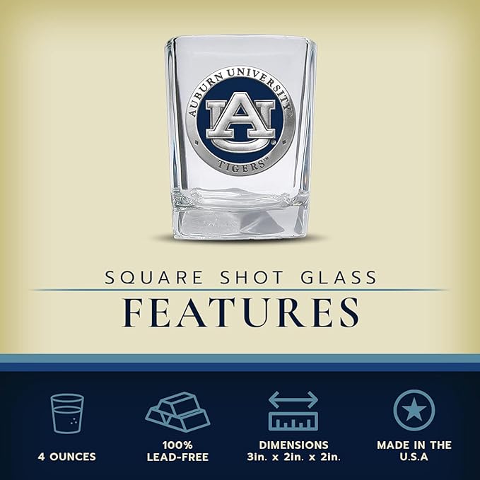 Heritage Pewter University of Auburn Square Shot Glass | Hand-Sculpted 1.5 Ounce Shot Glass | Intricately Crafted Metal Pewter Alma Mater Inlay