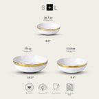 Stone Lain Florian Porcelain 3-Piece Round Shallow Bowl Service Set, White wit Gold Rim
