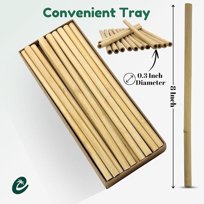 Eco-Friendly Bamboo Cocktail Stirrers & Napkins Set – 50 Pack 8” Organic Bamboo Straws + 50 Luxury Disposable Napkins – Biodegradable Party Essentials for Cocktails, Beach Events & Tiki Bars
