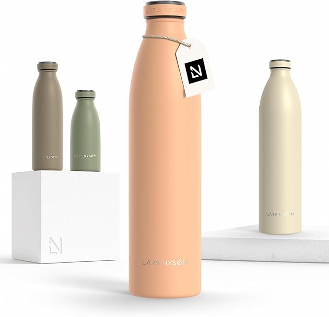 LARS NYSØM Stainless Steel Insulated Water Bottle 12 oz 17 oz 25 oz 34 oz 51 oz | Insulated Thermo Flask for Hot and Cold Beverages | Leakproof Drinking Bottle (Creamy Peach, 33.8 oz)