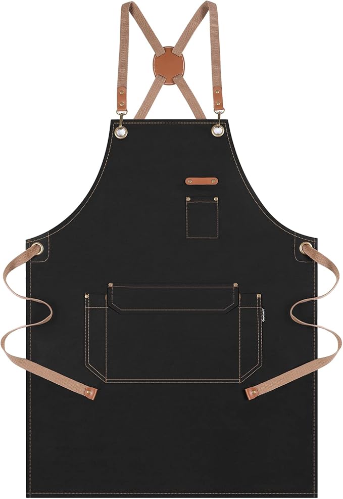 Genixart Chef Apron for Men Women with Gift Box Pack, Cross Back Apron with Pockets for Kitchen Cooking Baking Artist Painting, Cotton Canvas Work Aprons for Shop, Garden, Restaurant, Cafe (Black)