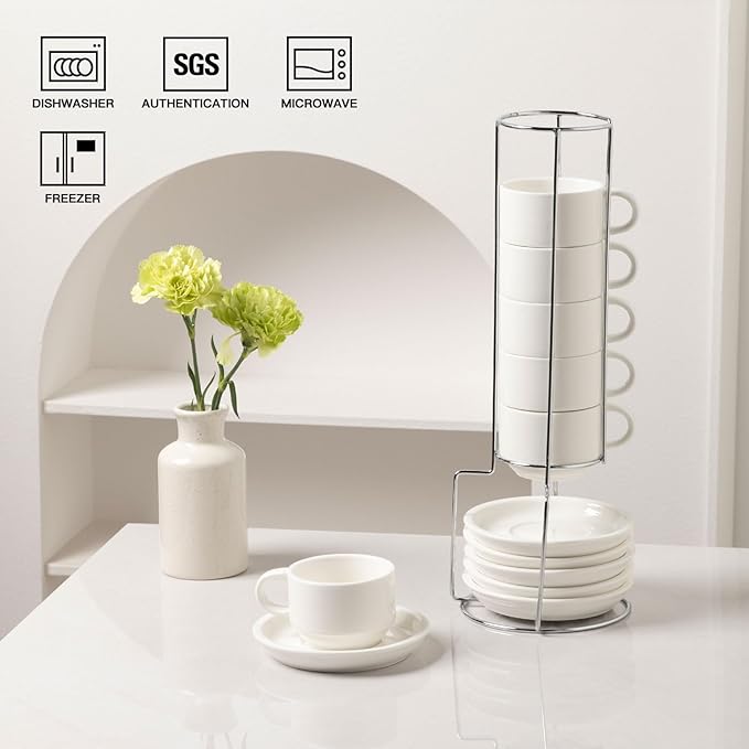 Sweejar Ceramic Espresso Cups Set of 6, Espresso Cup Stackable, 4 Oz Stackable Cappuccino Cups with Saucers and Metal Stand for Coffee Drinks, Americano, Latte, Tea (White)