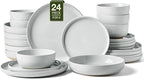 Famiware Milkyway Stoneware Dinnerware Sets with Pasta Bowls, Service for 6 (24 Pieces), Plates and Bowls Sets -Scratch Resistant, Microwave and Dishwasher Safe Dishes Set, Light Gray