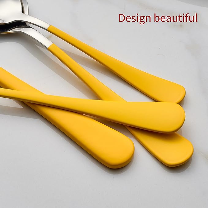 20-Piece Yellow Silverware Set 18/0 Stainless Steel Flatware Yellow Handle Cutlery Set Service for 4 Dinner Knives Forks Spoons Set Mirror Finish Dishwasher Safe