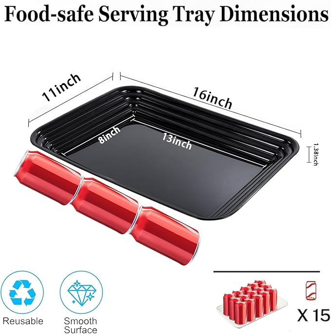 SUT 6-Pack Black Serving Trays for Entertaining-16 x 11" Serving Platters for Snacks, Fruit, Cookies Reusable Plastic Trays for Serving Food and Party Organization in Kitchen & Halloween Parties