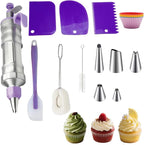 Dessert Decorating Syringe Set, Cake Frosting Piping Kit Stainless Steels Cupcake Icing Piping Kit with 6 Nozzles, 4 Scraper, 6 Silicone Cake Liners, 2 Cleaning Brush for DIY Cake Decoration, Purple