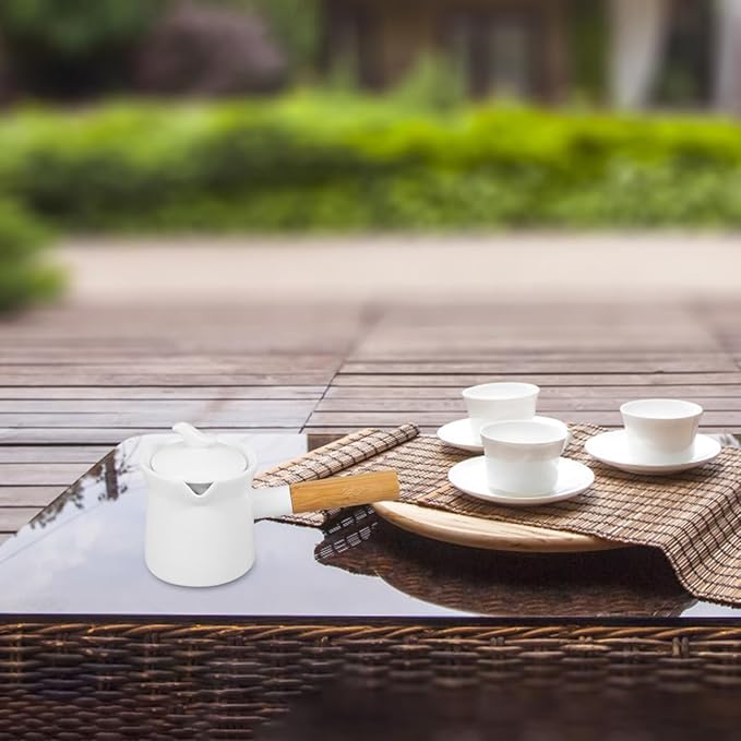 BESTonZON Ceramic Milk Warmer Pot 350ml Enamel Pan Non-stick Saucepan With Lid Porcelain Coffee Pot Food Bowl Butter Warmer With Wooden Handle for Heating Liquid Appetizer