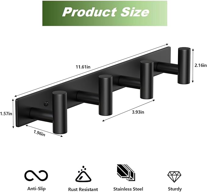 Coat Rack Wall Mounted with 4 Hooks, Wall Hooks for Hanging Towel Coat Hat Bag, Heavy Duty, Metal Hat Rack Coat Hanger Towel Hooks Coat Hooks for Entryway Bathroom Kitchen (Black, 2 Packs)