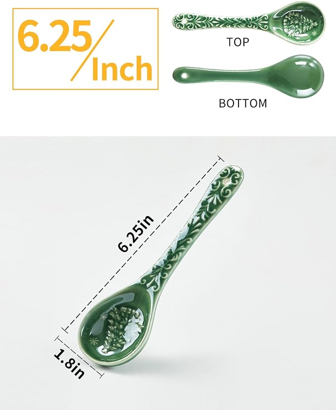 Christmas Tree Spoons, Ceramic Small Serving Spoons for Soups, Cereal, Ice Cream, Condiments, Dips, Charcuterie Boards, Dishwasher & Microwave Safe, Green, Set of 6