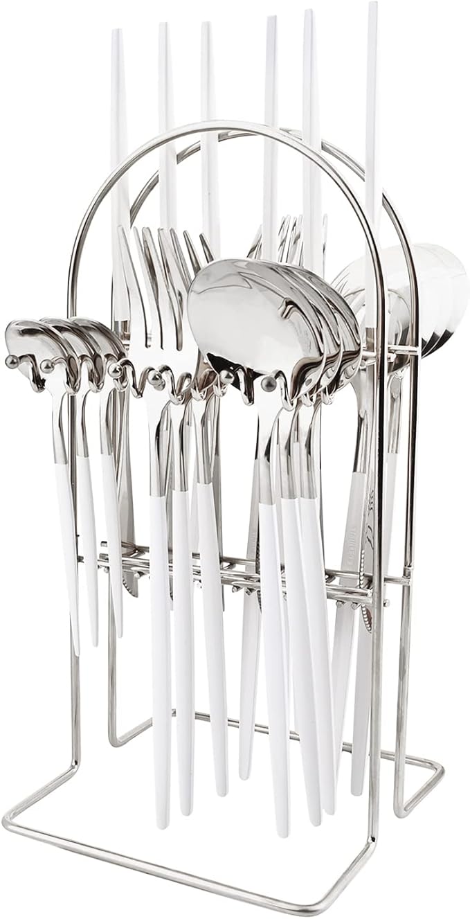 White Silver 24Pcs Flatware Set With Stand, Lightweight Dinnerware Set Stainless Steel Cutlery With White handles For Home Kitchen Wedding Party And Daily Use,Service For 6, Mirror Polish