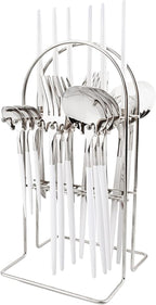 White Silver 24Pcs Flatware Set With Stand, Lightweight Dinnerware Set Stainless Steel Cutlery With White handles For Home Kitchen Wedding Party And Daily Use,Service For 6, Mirror Polish