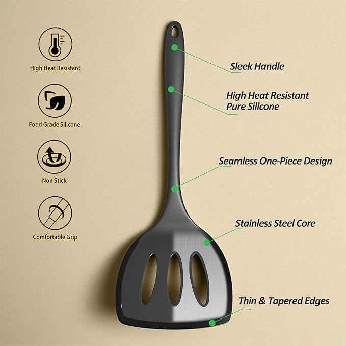 Silicone Pancake Spatula Turner with Lengthened Handle& Seamless Design, Heat Resistant Slotted Flipper for Nonstick Cookware, Large Flexible Kitchen Utensils for Egg, Pancake, Burger, Black