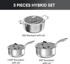 COOKER KING Hybrid Nonstick 6 Pcs Pot Set, 1.5 & 2QT Saucepan and 5-Quart Pots with Glass Lids, Induction Stainless Steel Cookware, Stay-Cool Handles, Dishwasher Safe, Compatible with All Cooktops