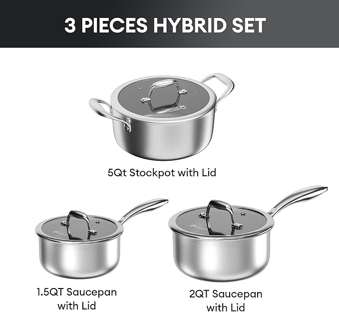 COOKER KING Hybrid Nonstick 6 Pcs Pot Set, 1.5 & 2QT Saucepan and 5-Quart Pots with Glass Lids, Induction Stainless Steel Cookware, Stay-Cool Handles, Dishwasher Safe, Compatible with All Cooktops