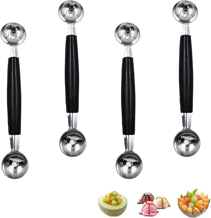 4 Pack Double Ended Headed Fruit Icecream Ball Spoon,430 Stainless Steel Melon Baller,Smooth Round Melon Balls Melon Scoop for Watermelon/Ice Cream/Fruits/Sorbet/Meatball