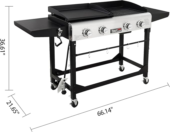 Royal Gourmet GD401 Portable Propane Gas Grill and Griddle Combo with Side Table | 4-Burner, Folding Legs,Versatile, Outdoor | Black 66 Inch