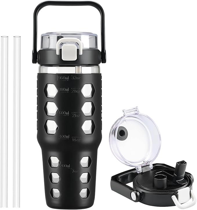 MUKOKO 32 oz Glass Tumbler with Straw,Glass Water Bottles with Time Marker,Iced Coffee Cup with Silicone Sleeve,Motivational Drinking Bottles,Leakproof-Black