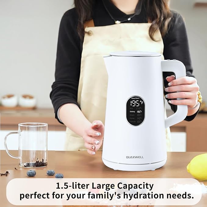 Electric Kettle, 1.5L Stainless Steel, Double Wall Cool Touch Teapot, Fast Boil,5 Temperature Control, LED Display, Auto Shut-Off, BPA-Free,Keep Warm Function, Ideal for Tea & Coffee,White