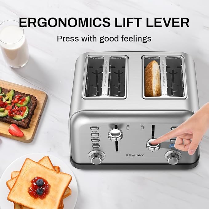 Toaster 4 Slice, Dual Independent Controls, Extra Wide Slot Toasters for Bagel, Bread, Waffles, 7 Shade Settings, 4 Main Functions, Removable Crumb Tray, 1500 Watts, Brushed Stainless Steel