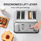 Toaster 4 Slice, Dual Independent Controls, Extra Wide Slot Toasters for Bagel, Bread, Waffles, 7 Shade Settings, 4 Main Functions, Removable Crumb Tray, 1500 Watts, Brushed Stainless Steel