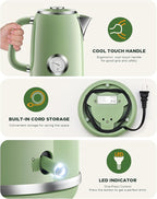 Electric Kettle 1.8L with Temperature Gauge, 1500W Fast Boiling Electric Tea Kettle, 100% Stainless Steel Retro-Style Hot Water Kettle Electric - Glowing LED Light, Auto Shut-Off & Boil-Dry Protection