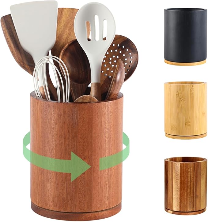 Wooden Utensil Holder, 360°Rotating 7.3'' Large Utensil Holder for Kitchen Counter, Kitchen Utensil Organizer, Utensil Crock, Farmhouse Kitchens Countertop Decor, Sapele Wood