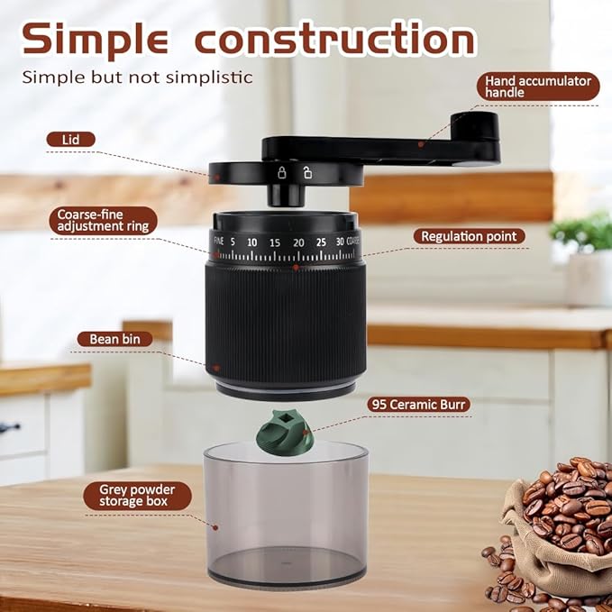 Manual Coffee Grinder - 95 Ceramic Burr, Adjustable Coarse to Fine, 30g Beans & 80ml Powder, Detachable Handle for Espresso, French Press, Camping (Black and grey)