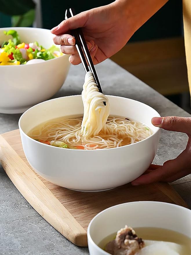 Houlu 55 oz Large Soup Bowl, 8 inch Ramen Bowl Set, Pho Bowls and Spoons Set of 3, Off White Porcelain Serving Bowls