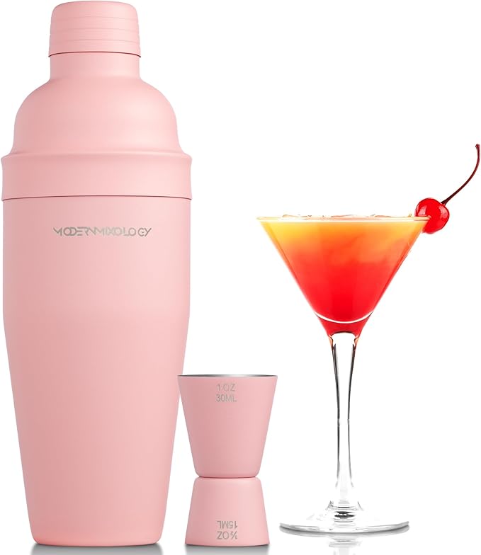 Mixology & Craft Matte Pink Bartender Kit – Cocktail Shaker and Jigger Set, 24oz Drink Mixer with Cap – Home Bar Tools for Mixing Cocktails, Martini, Margarita – Sleek Gift for Men & Women