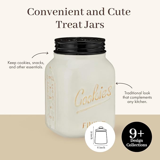 Young's Inc. Ceramic Cookie Jar - Cute Kitchen Counter Storage Canister with Lid - Perfect for Cookies, Coffee, Tea, Candy, Dog Treats, and More - Cookies Finest - Black, White