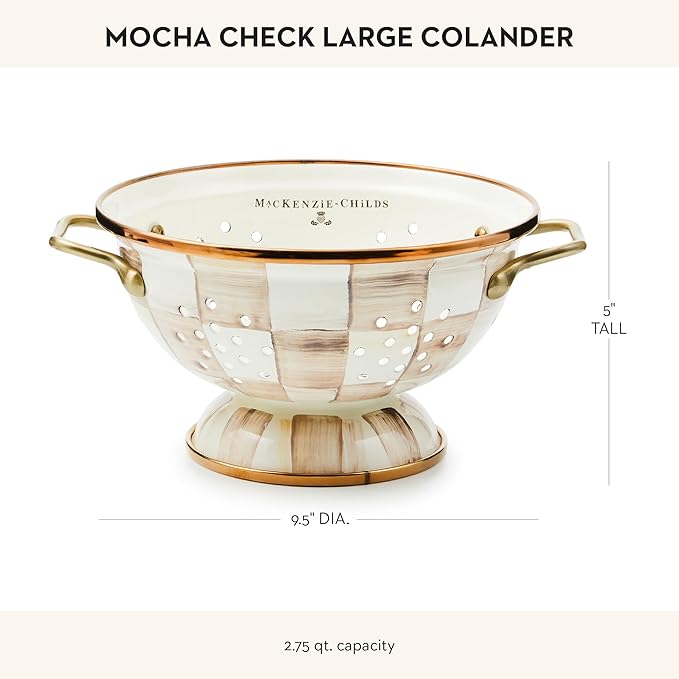MACKENZIE-CHILDS Enamel Colander, Decorative Kitchen Strainer, Large, Brown-and-White Mocha Check
