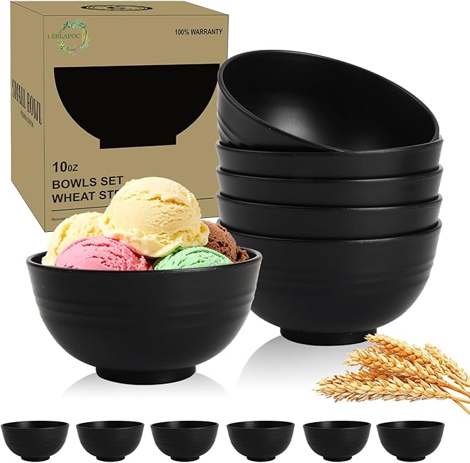 Wheat Straw Small Bowls Set of 6, Unbreakable 10 OZ Mini Dessert Bowls, Snack Bowl for Kitchen, Picnic, Microwave & Dishwasher Safe Bowl Set for Ice Cream, Fruits, Appetizer, Black