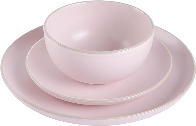 Gibson Home Rockaway 12-Piece Round Stoneware Dinnerware Set, Service for 4 – Pink Plates and Bowls, Modern Matte Finish, Microwave & Dishwasher Safe