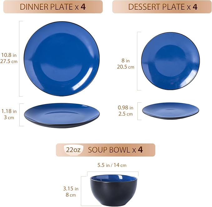 Plates and Bowls Sets for 4 - CJDC-QUELO 12-Piece Stoneware Dinnerware Sets, Ceramic Dishware Set for Indoor Kitchen Use and Formal Dining, Chip and Scratch Resistant Microwave Dishwasher Safe, Blue