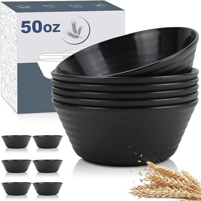 Wheat Straw Bowl Sets,6 PCS Unbreakable Big Cereal Bowl 50 OZ,Microwave and Dishwasher Safe Bowls,Alternative Plasic Bowl Reusable for Serving Soup,Oatmeal and Salad (Black)