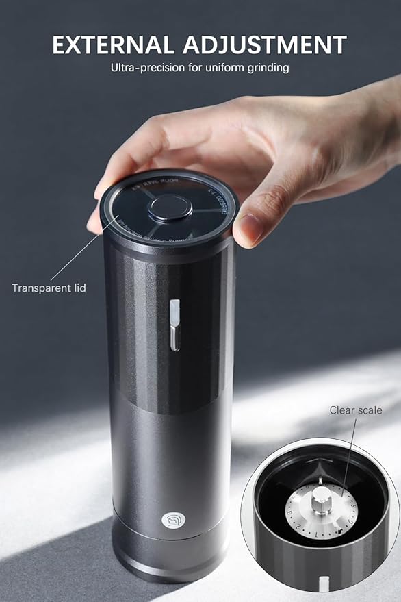 Electric Coffee Grinders, Portable Burr Grinder Capacity 50g w/Magnetic Cover,External Adjustable Setting, Aluminum Alloy Body, 800mAh Battery(Stand not Included) Gray